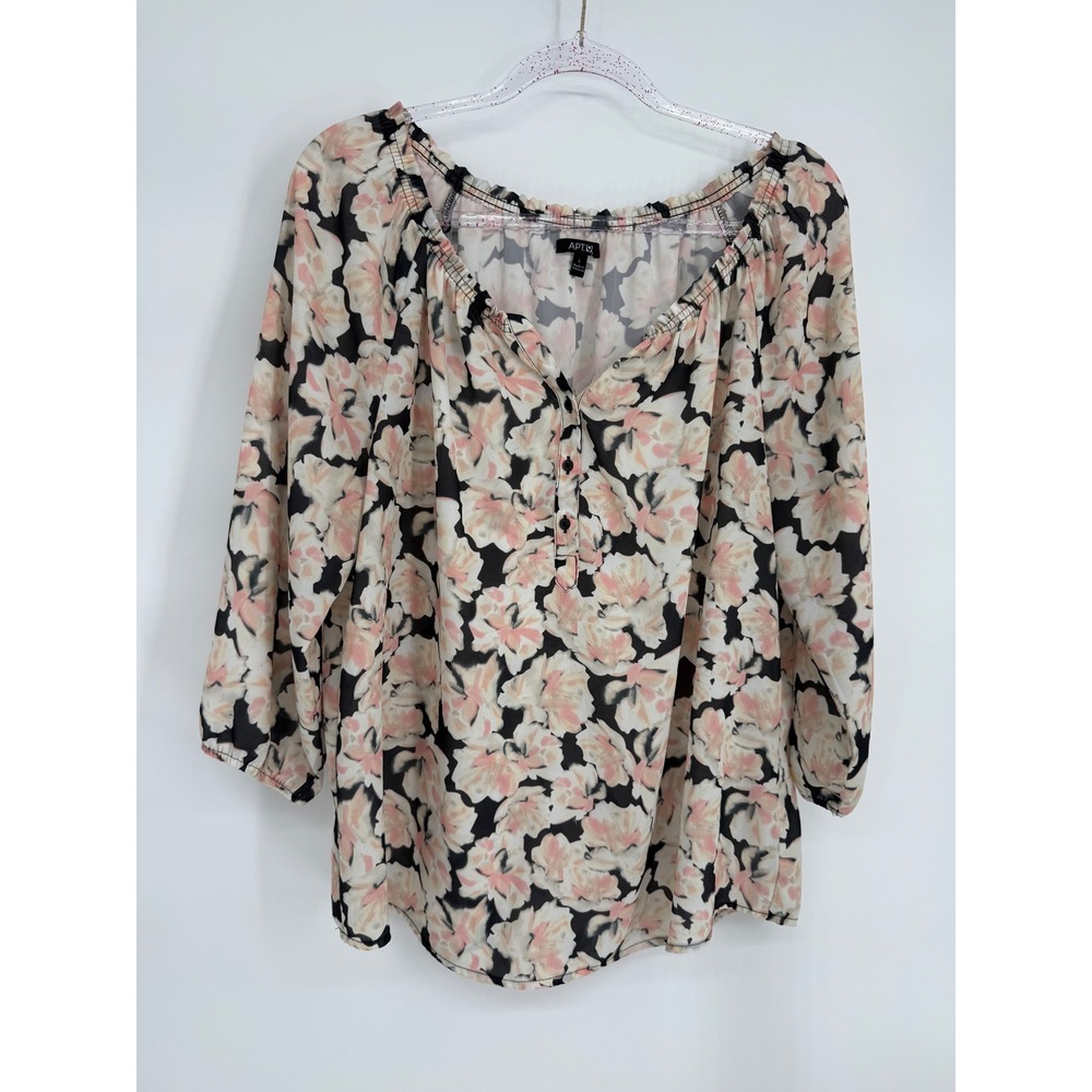 Apt 9 Womens Floral Blouse Black Peach 3/4 Sleeve Split‎ Neck Peasant Top Sz L